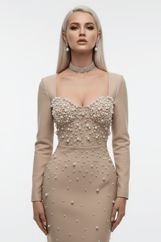 Pearl Beaded Long Sleeve Bodycon Maxi Evening DressApricotS(6)redLuxe Lane