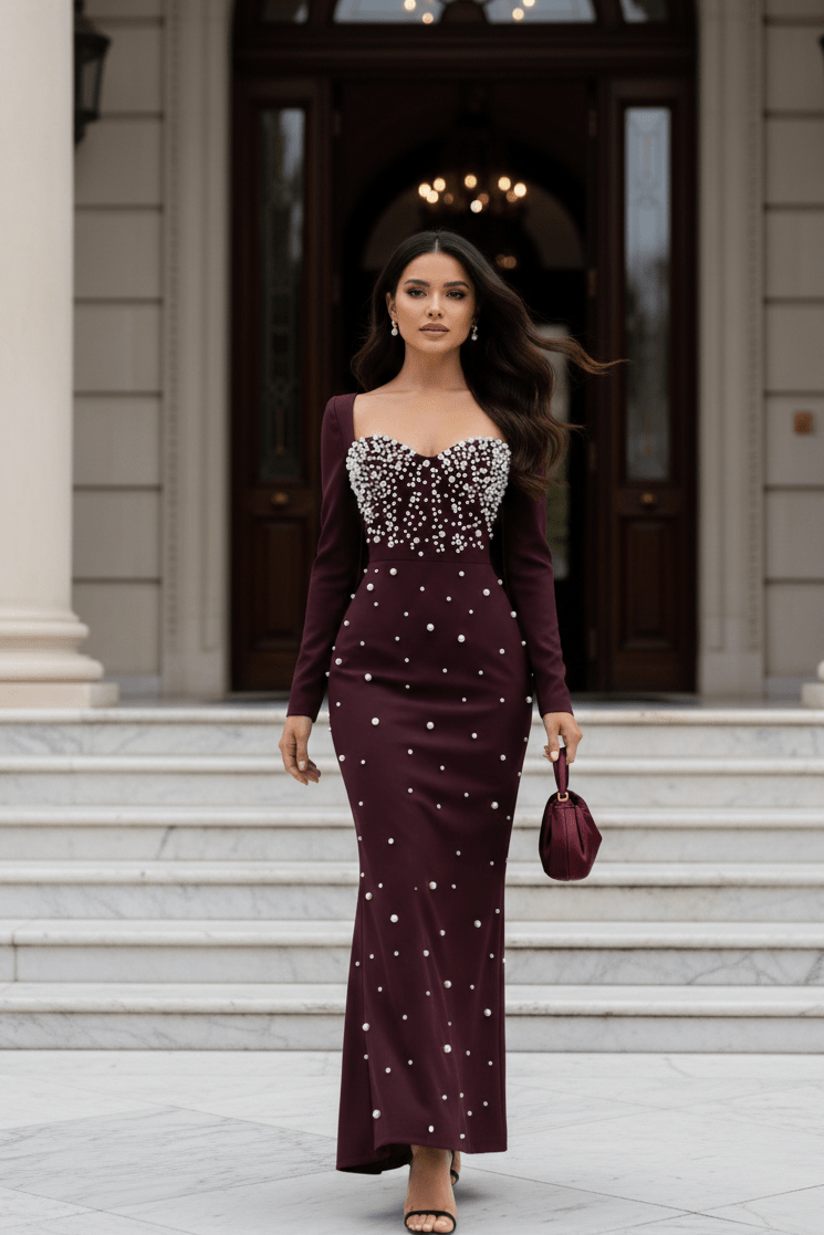 Pearl Beaded Long Sleeve Bodycon Maxi Evening DressApricotS(6)redLuxe Lane