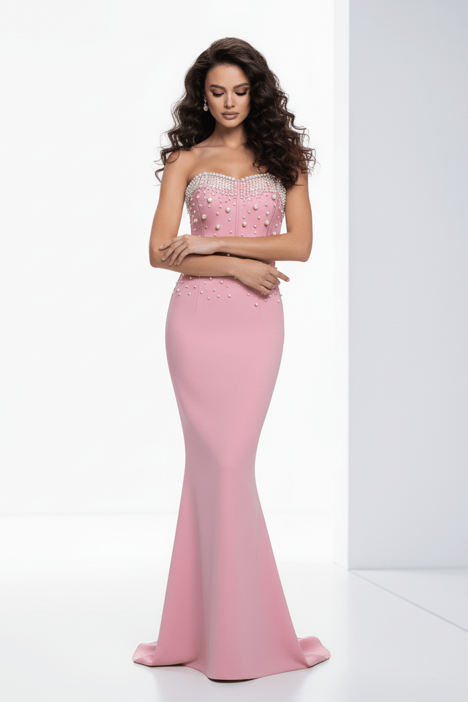 Pearl - Embellished Floor - Length Bandage Dress by Shine | Party dresses from Luxe Lane | SKU:  | Barcode:  | Options: Purple S(6) | Woman wearing a pink evening gown with a white background