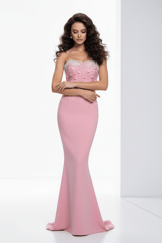 Pearl - Embellished Floor - Length Bandage Dress by Shine | Party dresses from Luxe Lane | SKU:  | Barcode:  | Options: Purple S(6) | Woman wearing a pink evening gown with a white background