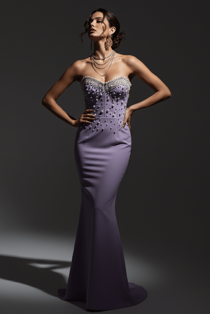 Pearl - Embellished Floor - Length Bandage Dress by Shine | Party dresses from Luxe Lane | SKU:  | Barcode:  | Options: Purple S(6) | Pearl - Embellished Floor - Length Bandage Dress