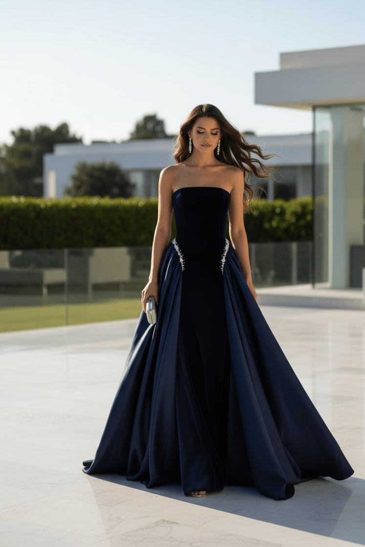 Pearl Embellished Strapless A - Line Maxi Evening Gowna - line gownDark BlueS(6)Luxe Lane