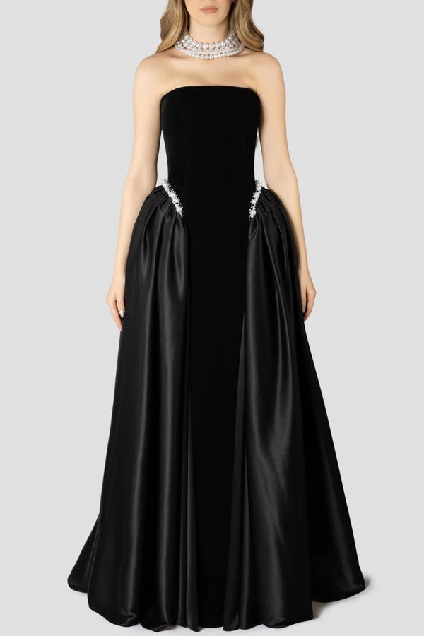 Pearl Embellished Strapless A - Line Maxi Evening Gowna - line gownDark BlueS(6)Luxe Lane