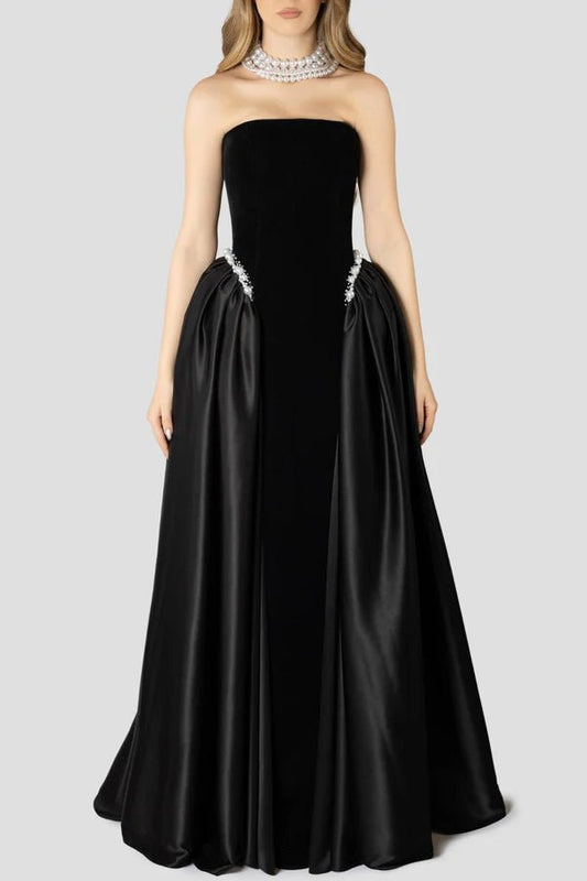Pearl Embellished Strapless A - Line Maxi Evening Gowna - line gownDark BlueS(6)Luxe Lane