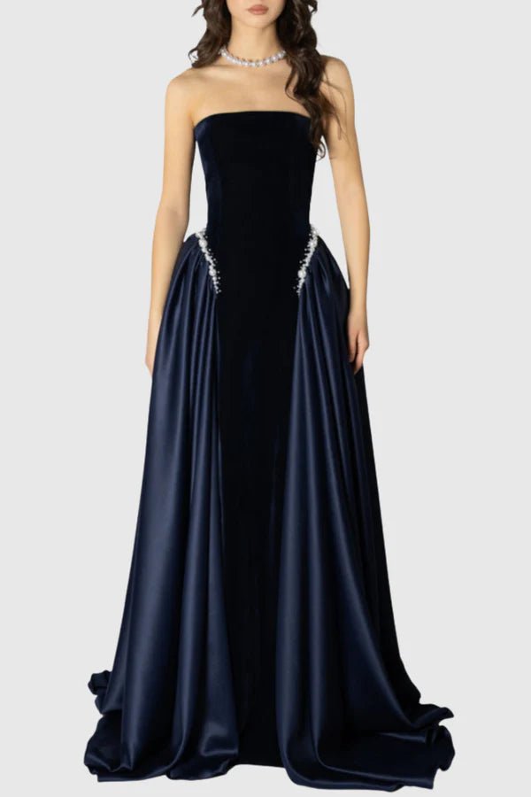 Pearl Embellished Strapless A - Line Maxi Evening Gowna - line gownDark BlueS(6)Luxe Lane
