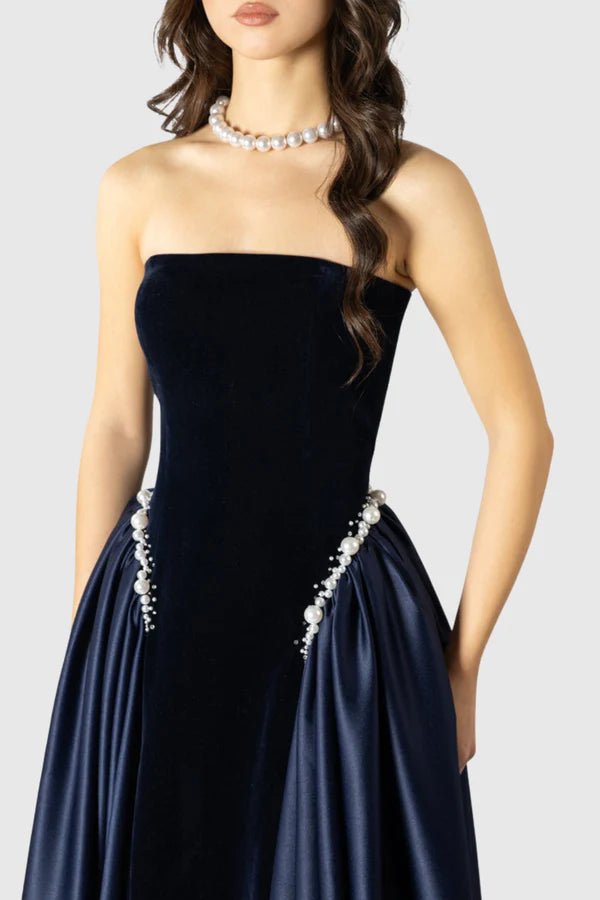 Pearl Embellished Strapless A - Line Maxi Evening Gowna - line gownDark BlueS(6)Luxe Lane