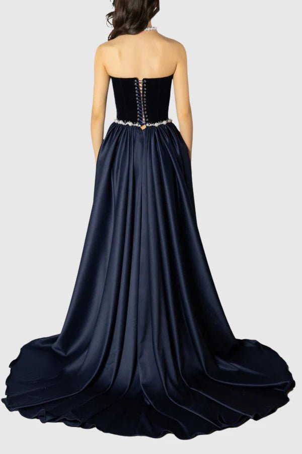Pearl Embellished Strapless A - Line Maxi Evening Gowna - line gownDark BlueS(6)Luxe Lane