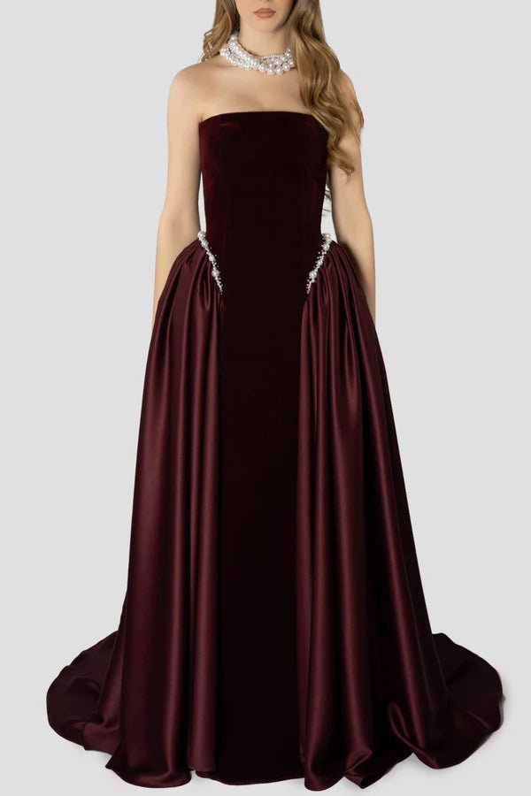 Pearl Embellished Strapless A - Line Maxi Evening Gowna - line gownDark BlueS(6)Luxe Lane