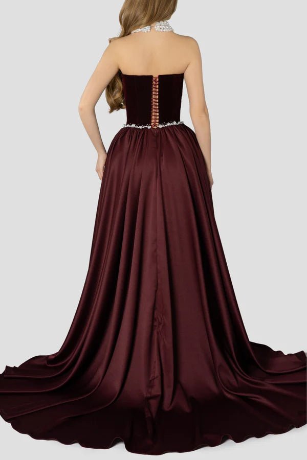 Pearl Embellished Strapless A - Line Maxi Evening Gowna - line gownDark BlueS(6)Luxe Lane