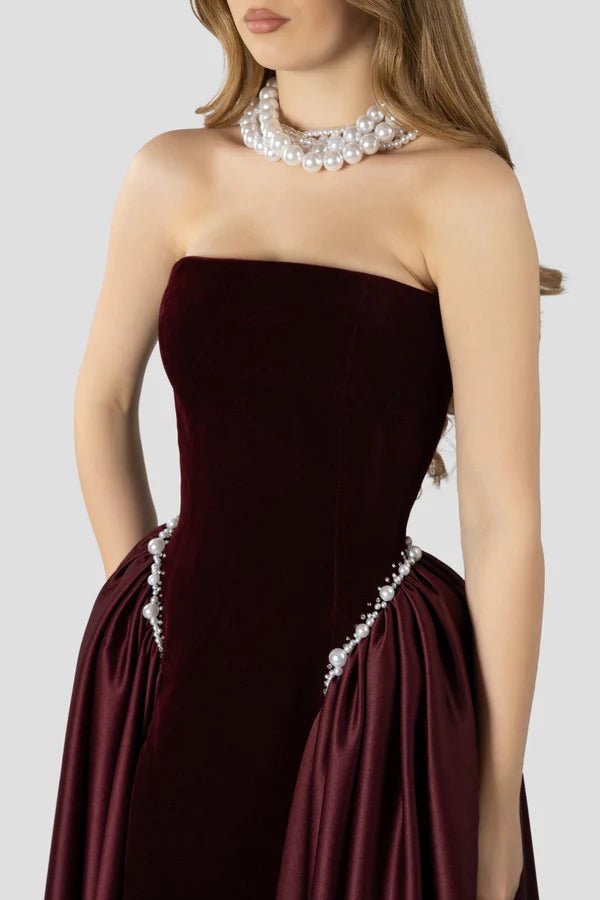 Pearl Embellished Strapless A - Line Maxi Evening Gowna - line gownWind RedS(6)Luxe Lane