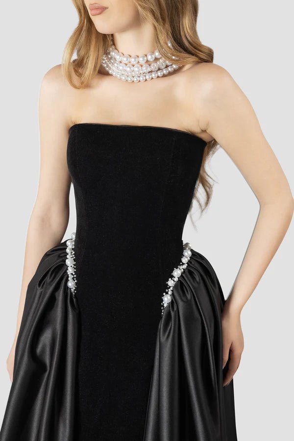 Pearl Embellished Strapless A - Line Maxi Evening Gowna - line gownBlackS(6)Luxe Lane