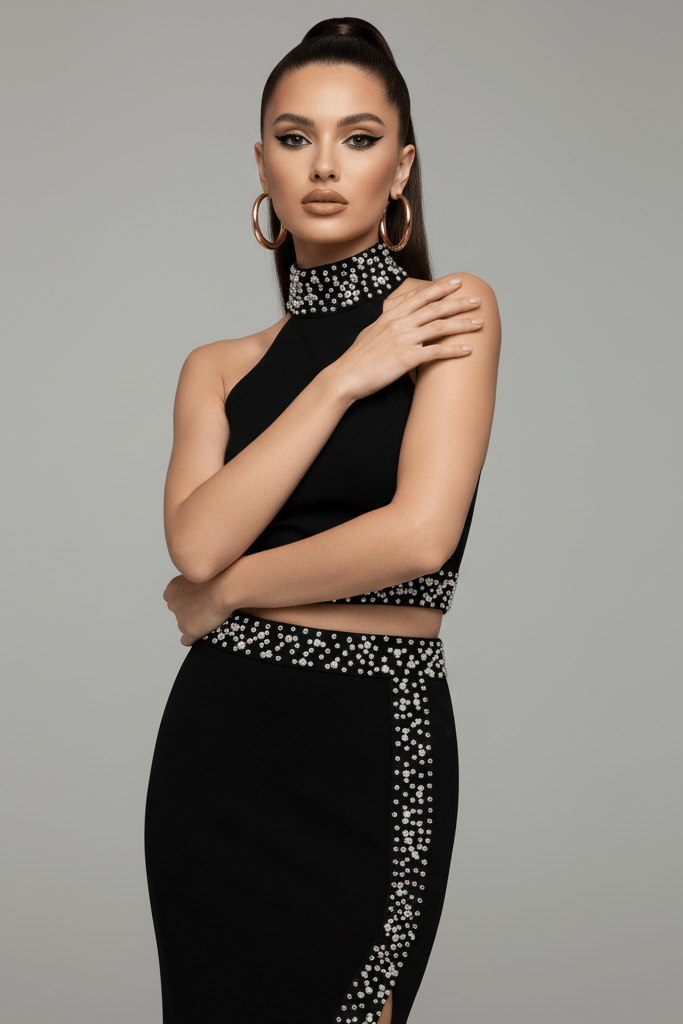 Pearl Empress Pink 2 - Piece Bandage Skirt Set by Luxe Lane | from Luxe Lane | SKU:  | Barcode:  | Options: black S | front view of Luxe Lane Pearl Empress pink two - piece bandage skirt set with pearl trim crop top