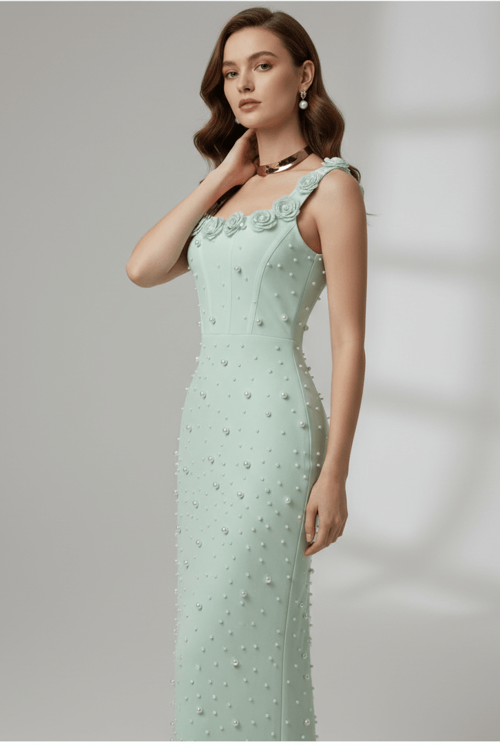 Pearl Floral Beaded Sleeveless Bodycon Maxi Dress by Guangdong, China | heath gown from Luxe Lane | SKU: -1 | Barcode:  | Options: Light green S(6) | Woman wearing a light green evening gown with floral details on a gray background