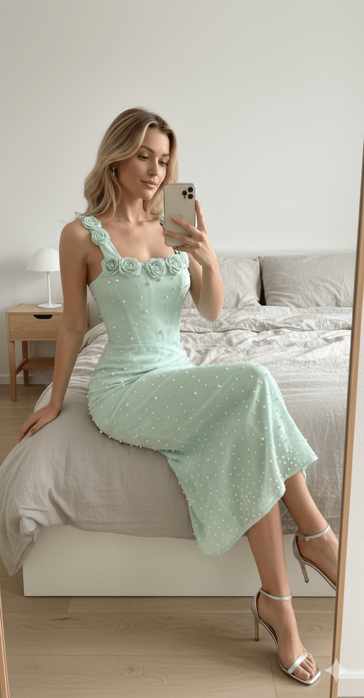 Pearl Floral Beaded Sleeveless Bodycon Maxi Dressheath gownLight greenS(6)greenLuxe Lane