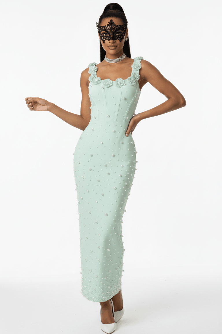 Pearl Floral Beaded Sleeveless Bodycon Maxi Dress by Guangdong, China | heath gown from Luxe Lane | SKU: -1 | Barcode:  | Options: Light green S(6) | Woman wearing a light green evening gown with floral details on a white background