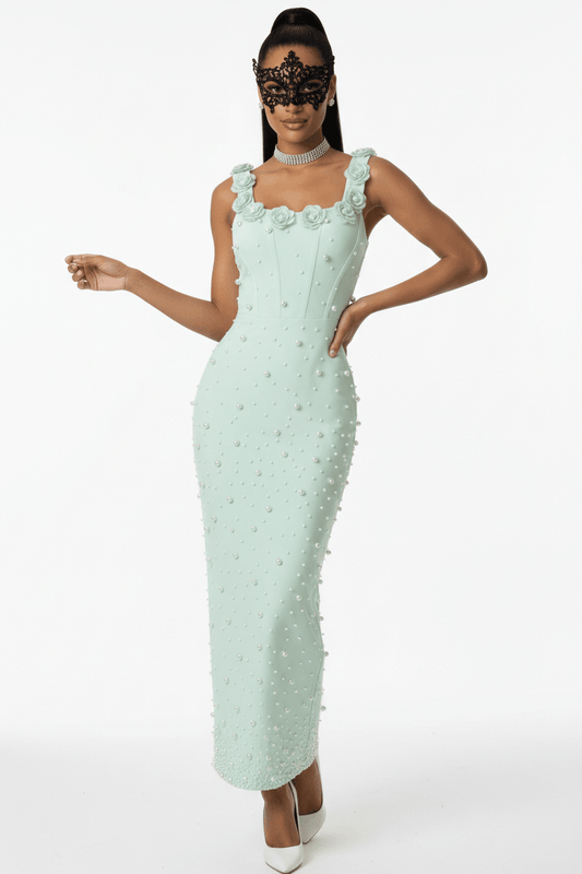 Pearl Floral Beaded Sleeveless Bodycon Maxi Dress by Guangdong, China | heath gown from Luxe Lane | SKU: -1 | Barcode:  | Options: Light green S(6) | Woman wearing a light green evening gown with floral details on a white background
