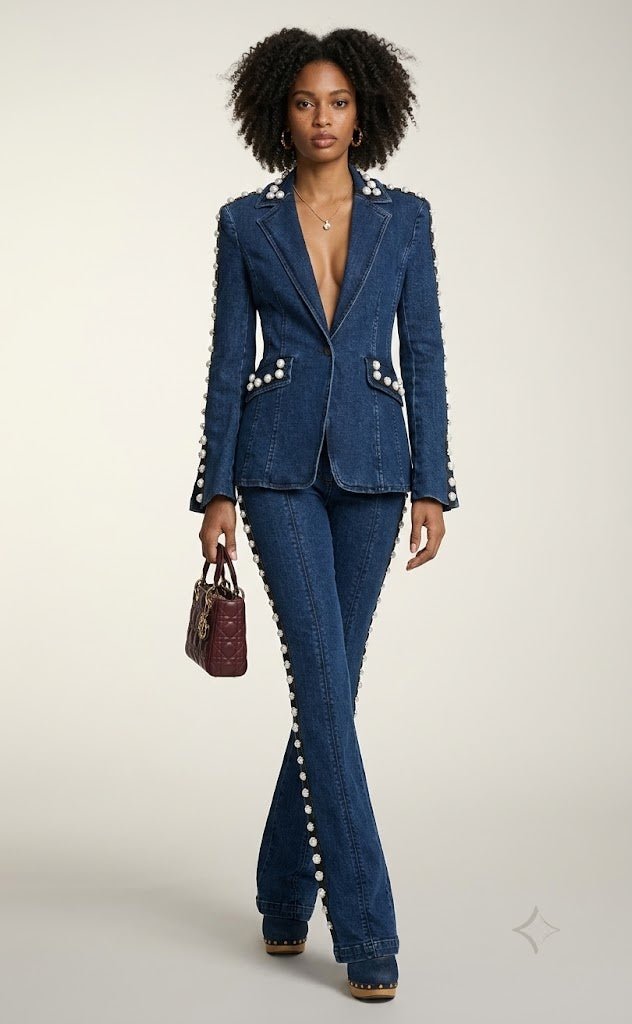 Pearl Studded Denim Suit SetDenim Two Piece SetBlueS(2)Luxe Lane