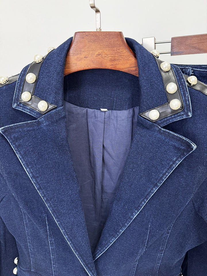 Pearl Studded Denim Suit SetDenim Two Piece SetBlueS(2)Luxe Lane