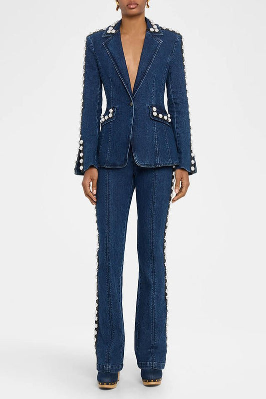 Pearl Studded Denim Suit SetDenim Two Piece SetBlueS(2)Luxe Lane