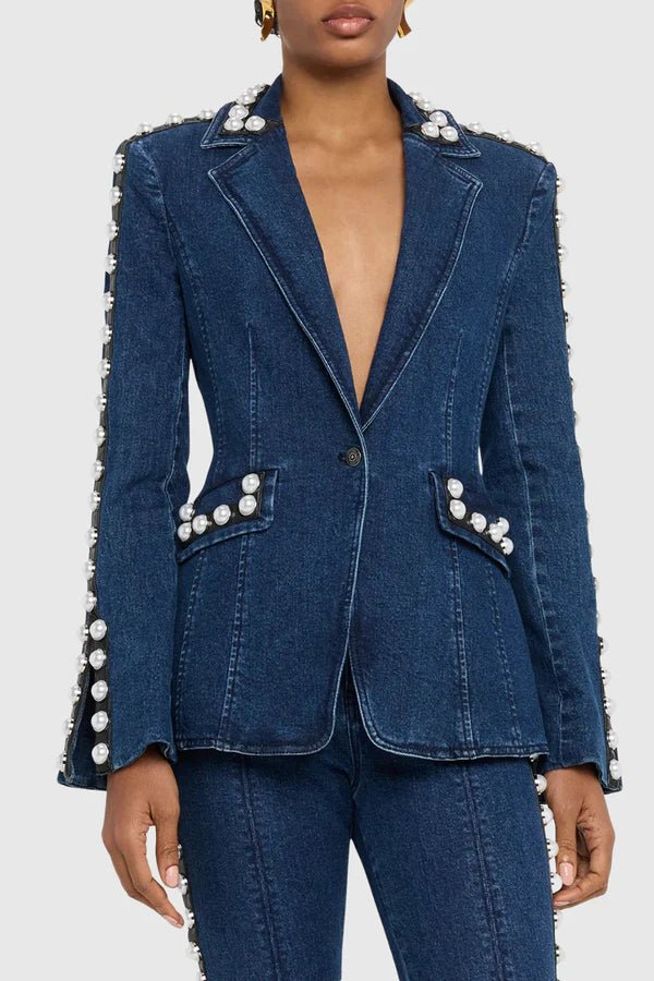 Pearl Studded Denim Suit SetDenim Two Piece SetBlueS(2)Luxe Lane