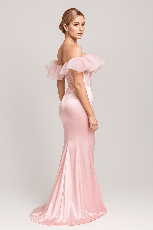 Pink Satin Off - Shoulder Mermaid Gown by Luxe Lane | mermaid gown from Luxe Lane | SKU:  | Barcode:  | Options: Pink XS | Pink Satin Off - Shoulder Mermaid Gown