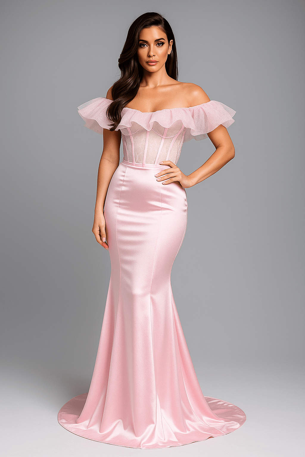 Pink Satin Off - Shoulder Mermaid Gown by Luxe Lane | mermaid gown from Luxe Lane | SKU:  | Barcode:  | Options: Pink XS | Pink Satin Off - Shoulder Mermaid Gown