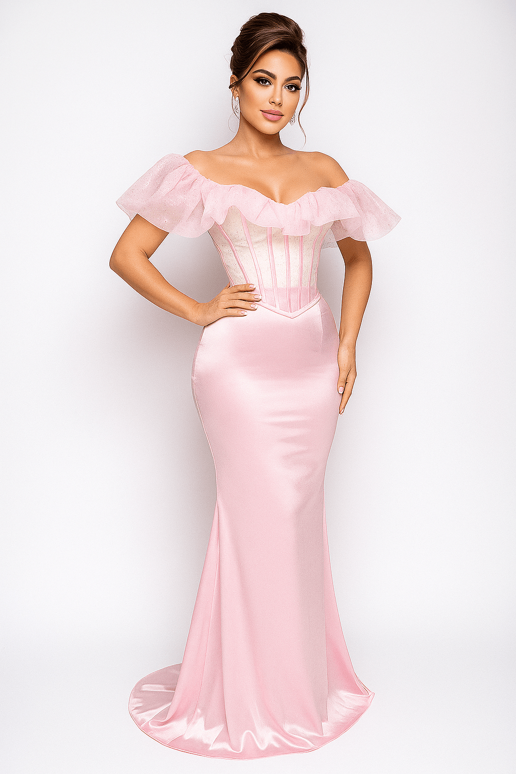 Pink Satin Off - Shoulder Mermaid Gown by Luxe Lane | mermaid gown from Luxe Lane | SKU:  | Barcode:  | Options: Pink XS | Pink Satin Off - Shoulder Mermaid Gown