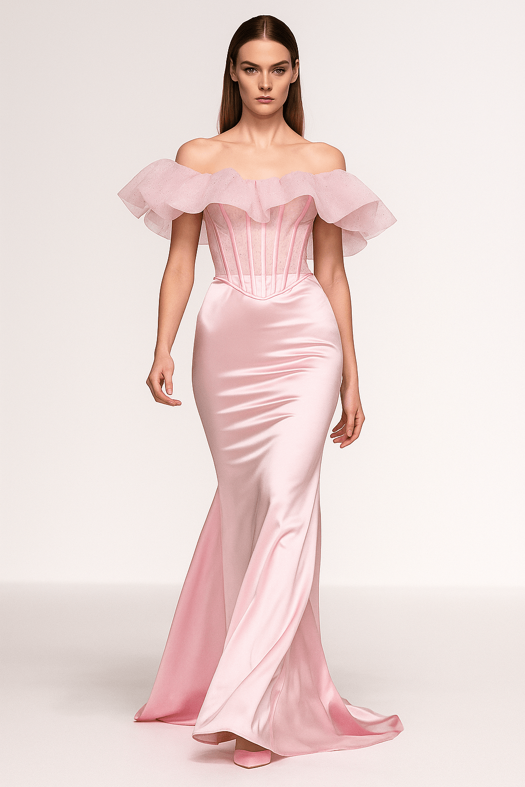 Pink Satin Off - Shoulder Mermaid Gown by Luxe Lane | mermaid gown from Luxe Lane | SKU:  | Barcode:  | Options: Pink XS | Pink Satin Off - Shoulder Mermaid Gown