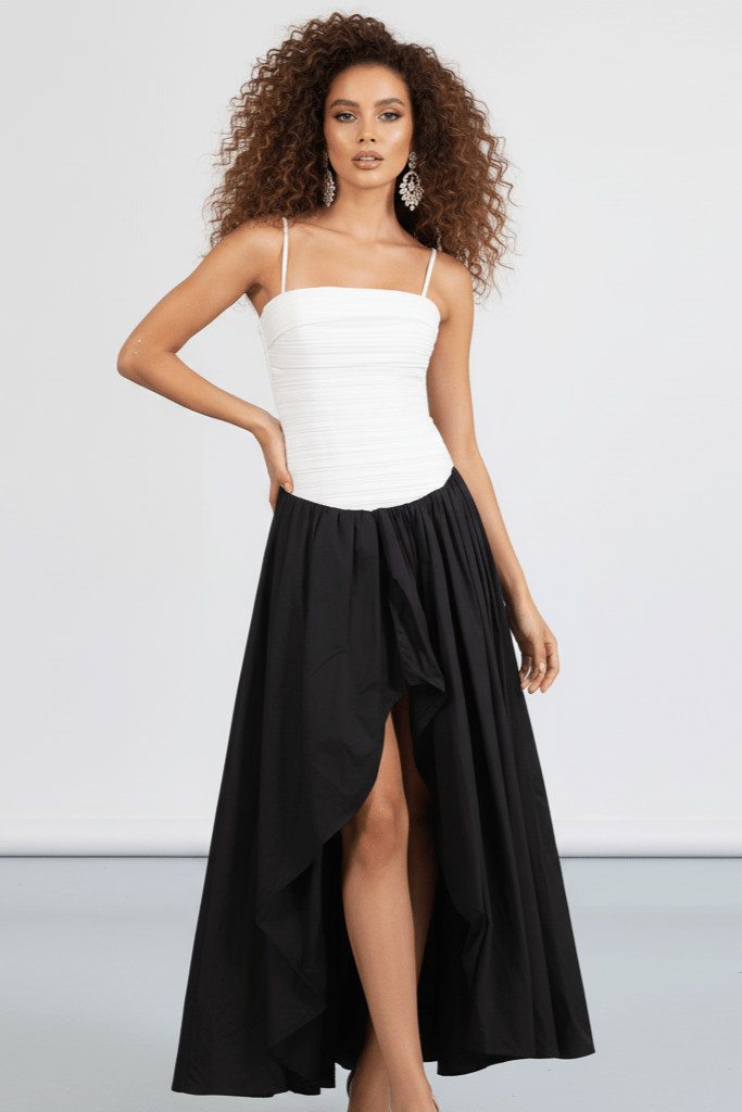 Pleated Corset Maxi Gown by Luxe Lane | from Luxe Lane | SKU:  | Barcode:  | Options: Black White S | Pleated Corset Maxi Gown
