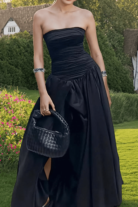 Pleated Corset Maxi Gown by Luxe Lane | from Luxe Lane | SKU:  | Barcode:  | Options: Black White S | 2025 Trending Product French Style Womens Pleated Slit Long Dress Elegant Corset Pleated Maxi Prom Evening Dresses for Women