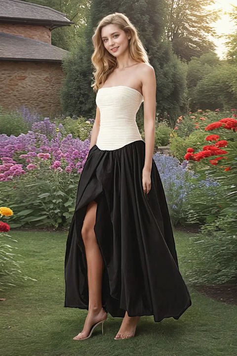 Pleated Corset Maxi Gown by Luxe Lane | from Luxe Lane | SKU:  | Barcode:  | Options: Black White S | 2025 Trending Product French Style Womens Pleated Slit Long Dress Elegant Corset Pleated Maxi Prom Evening Dresses for Women