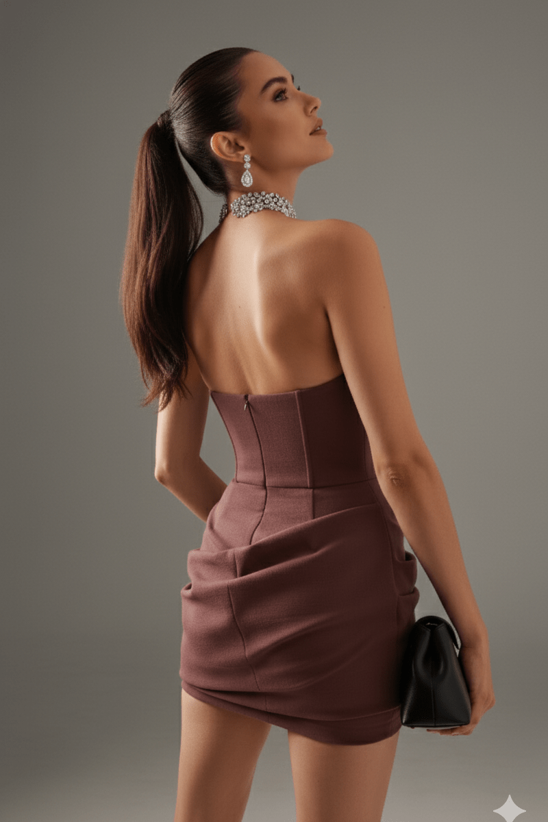 Pleated Corset Mini Dress by Luxe Lane | Dresses from Luxe Lane | SKU: DK120-1 | Barcode:  | Options: Coffee XS(4) | Woman wearing a brown strapless dress against a gray background