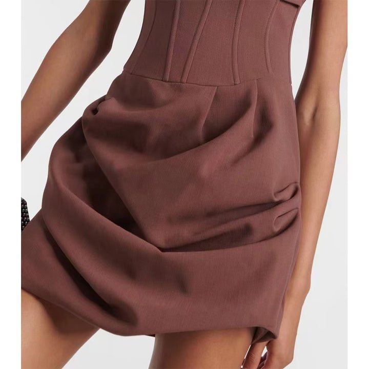 Pleated Corset Mini Dress by Luxe Lane | Dresses from Luxe Lane | SKU: DK120-1 | Barcode:  | Options: Coffee XS(4) | Oem Custom Women's Dresses Sexy Ladies Women Sleeveless Short Mini Pleated Corset Dress