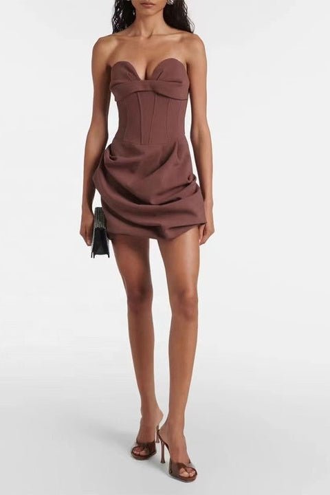 Pleated Corset Mini Dress by Luxe Lane | Dresses from Luxe Lane | SKU: DK120-1 | Barcode:  | Options: Coffee XS(4) | Oem Custom Women's Dresses Sexy Ladies Women Sleeveless Short Mini Pleated Corset Dress