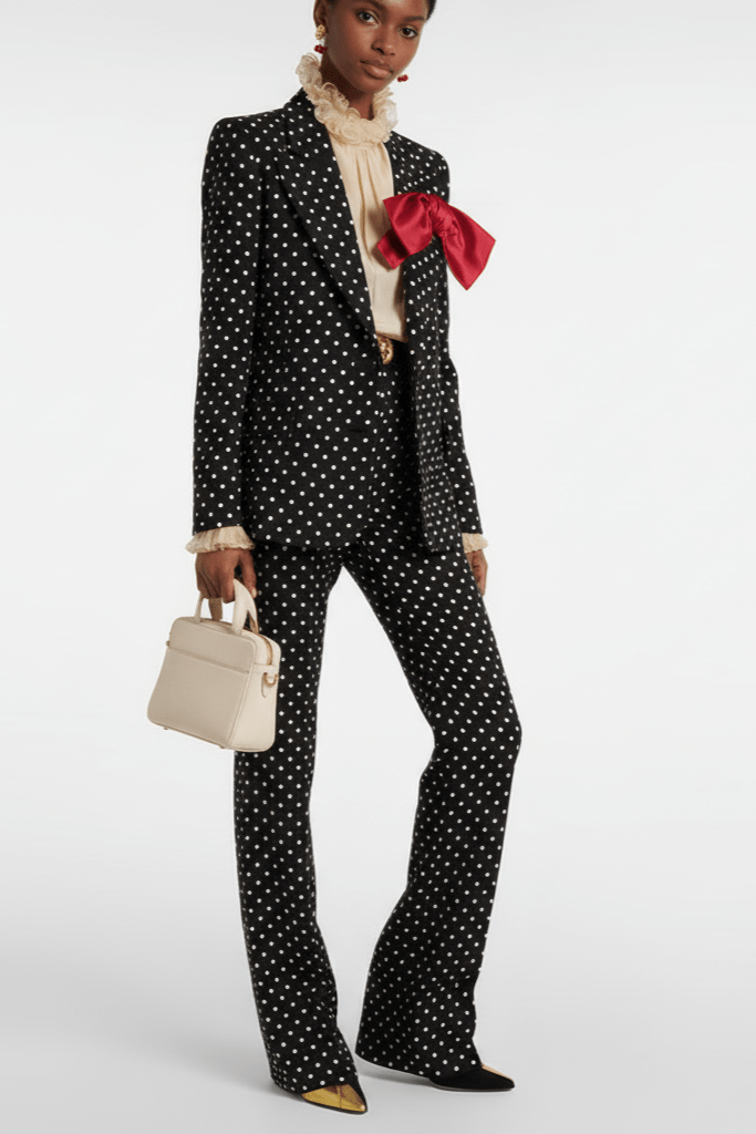 Polka Dot Blazer & Tailored Trouser Set with Red Bow Detail by Shine | Suits from Luxe Lane | SKU:  | Barcode:  | Options: Black S | Person wearing a black polka dot suit with a red bow tie on a white background