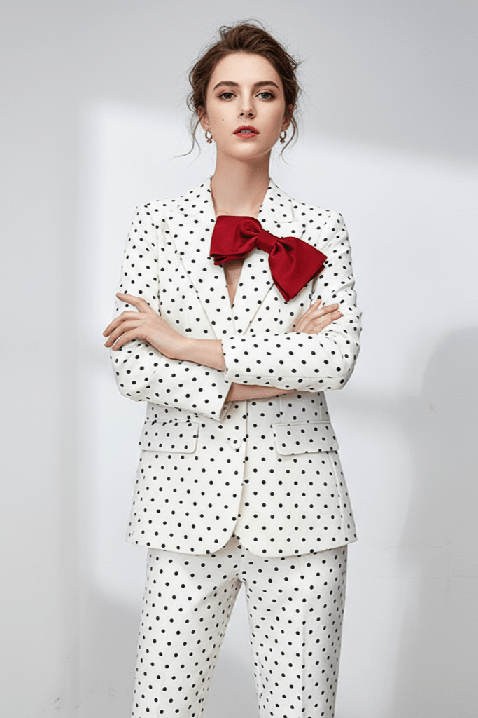 Polka Dot Blazer & Tailored Trouser Set with Red Bow Detail by Shine | Suits from Luxe Lane | SKU:  | Barcode:  | Options: Black S | Woman wearing a polka dot outfit with a red bow on a white background