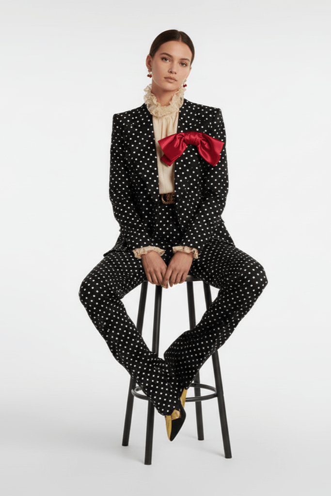 Polka Dot Blazer & Tailored Trouser Set with Red Bow Detail by Shine | Suits from Luxe Lane | SKU:  | Barcode:  | Options: Black S | Woman in a polka dot suit with a red bow sitting on a stool against a white background
