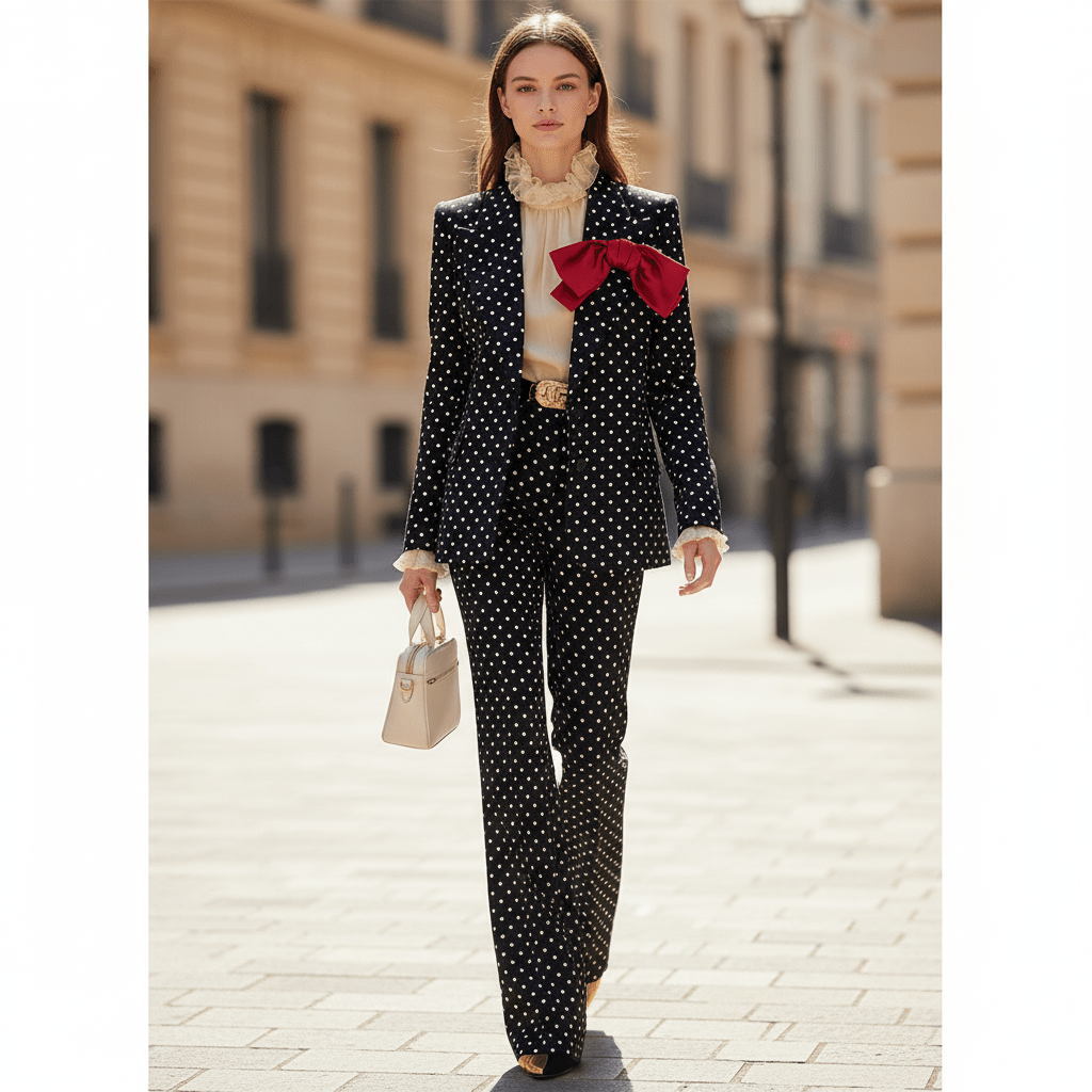 Polka Dot Blazer & Tailored Trouser Set with Red Bow Detail by Shine | Suits from Luxe Lane | SKU:  | Barcode:  | Options: Black S | Woman in a polka dot suit with a red bow walking on a city street.