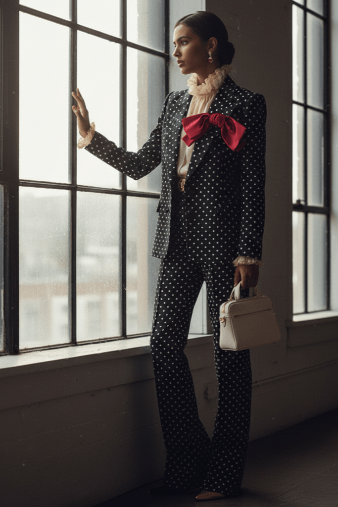 Polka Dot Blazer & Tailored Trouser Set with Red Bow Detail by Shine | Suits from Luxe Lane | SKU:  | Barcode:  | Options: Black S | Woman in a polka dot suit standing by large windows