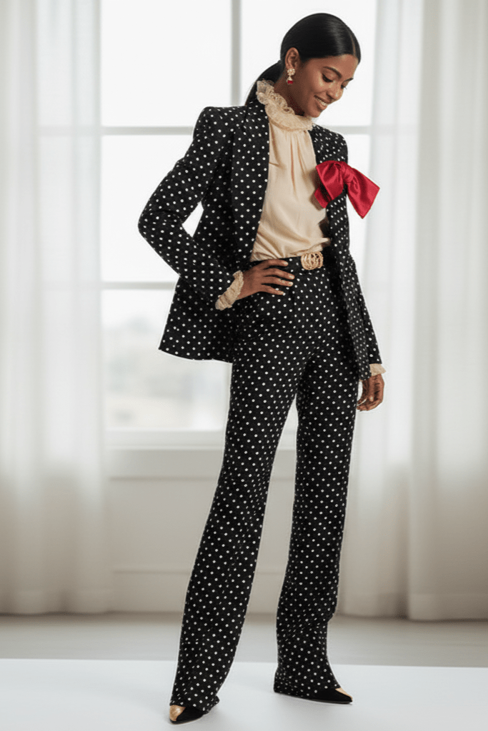 Polka Dot Blazer & Tailored Trouser Set with Red Bow Detail by Shine | Suits from Luxe Lane | SKU:  | Barcode:  | Options: Black S | Woman wearing a black polka dot suit with a red bow in a bright room.