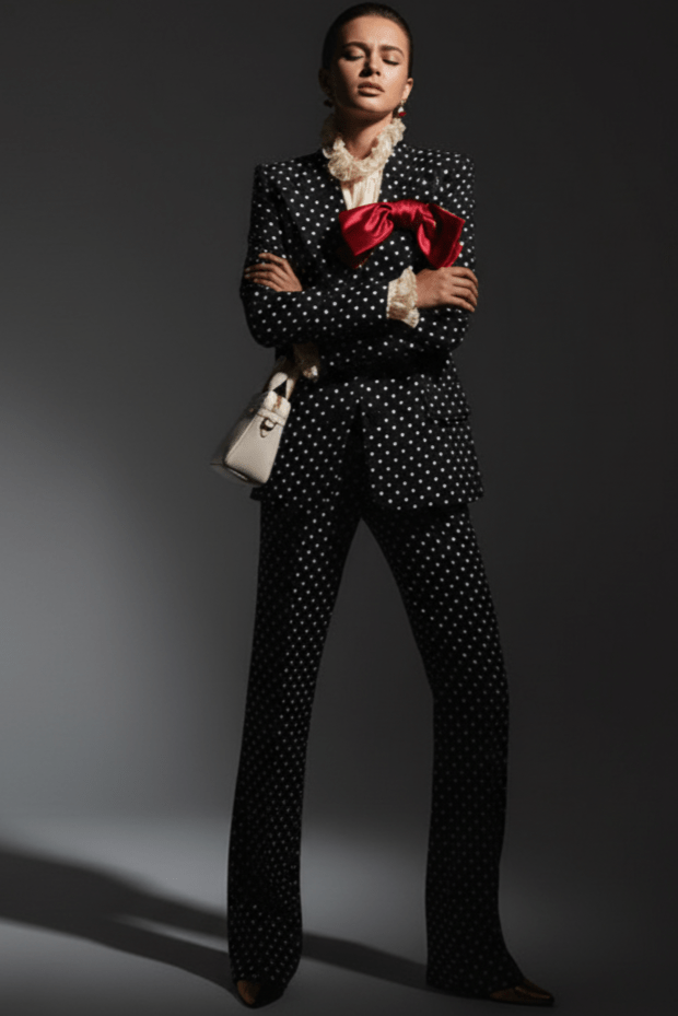 Polka Dot Blazer & Tailored Trouser Set with Red Bow Detail by Shine | Suits from Luxe Lane | SKU:  | Barcode:  | Options: Black S | Person wearing a polka dot suit with a red bow tie against a dark background