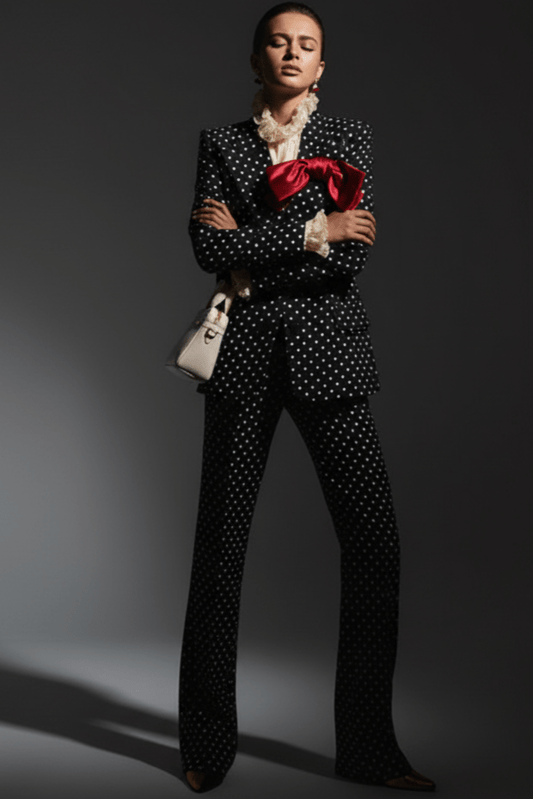 Polka Dot Blazer & Tailored Trouser Set with Red Bow Detail by Shine | Suits from Luxe Lane | SKU:  | Barcode:  | Options: Black S | Person wearing a polka dot suit with a red bow tie against a dark background