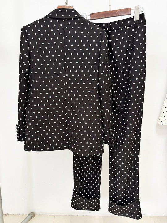 Polka Dot Blazer & Tailored Trouser Set with Red Bow Detail by Shine | Suits from Luxe Lane | SKU:  | Barcode:  | Options: Black S | Custom Black White Polka Dot Suit Set Red Bow Blazer and Cuffed Pants Formal Party Office Wear Outfit Suits for Women
