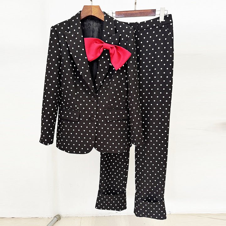 Polka Dot Blazer & Tailored Trouser Set with Red Bow Detail by Shine | Suits from Luxe Lane | SKU:  | Barcode:  | Options: Black S | Custom Black White Polka Dot Suit Set Red Bow Blazer and Cuffed Pants Formal Party Office Wear Outfit Suits for Women
