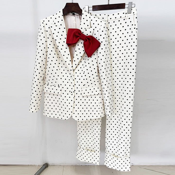Polka Dot Blazer & Tailored Trouser Set with Red Bow Detail by Shine | Suits from Luxe Lane | SKU:  | Barcode:  | Options: Black S | Custom Black White Polka Dot Suit Set Red Bow Blazer and Cuffed Pants Formal Party Office Wear Outfit Suits for Women