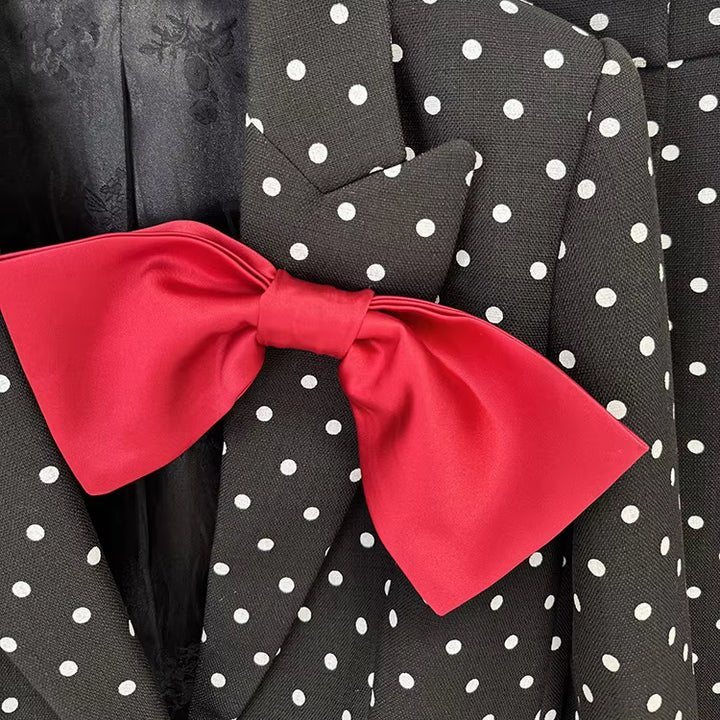Polka Dot Blazer & Tailored Trouser Set with Red Bow Detail by Shine | Suits from Luxe Lane | SKU:  | Barcode:  | Options: Black S | Custom Black White Polka Dot Suit Set Red Bow Blazer and Cuffed Pants Formal Party Office Wear Outfit Suits for Women