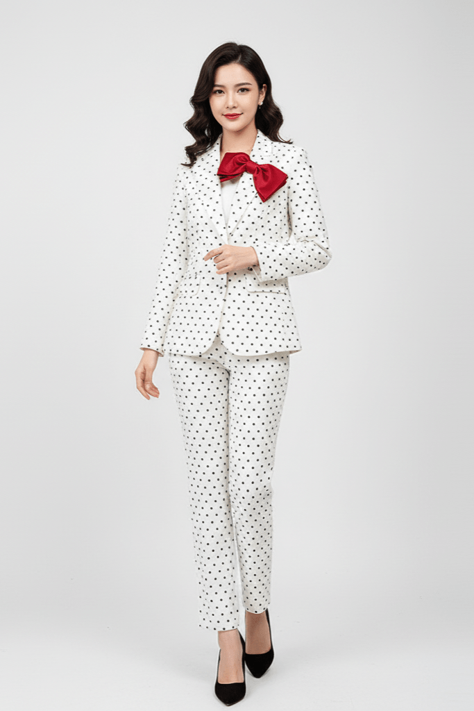 Polka Dot Blazer & Tailored Trouser Set with Red Bow Detail by Shine | Suits from Luxe Lane | SKU:  | Barcode:  | Options: White S | Woman wearing a white polka dot suit with a red bow tie on a light gray background