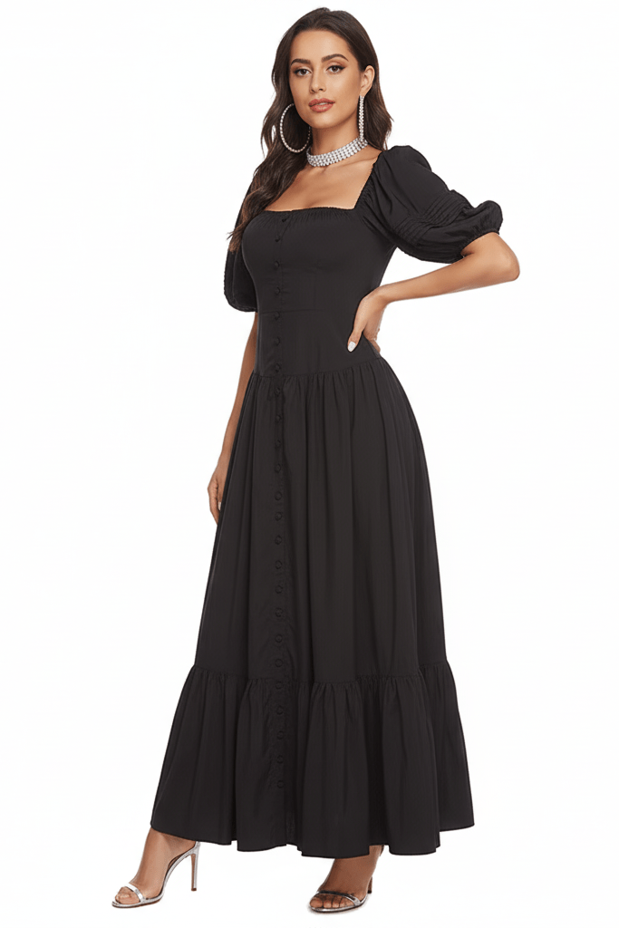 Puff Sleeve A - Line Maxi Casual Dress by Shine | Maxi Casual Dress from Luxe Lane | SKU: -1 | Barcode:  | Options: Black S(2) | Puff Sleeve A - Line Maxi Casual Dress