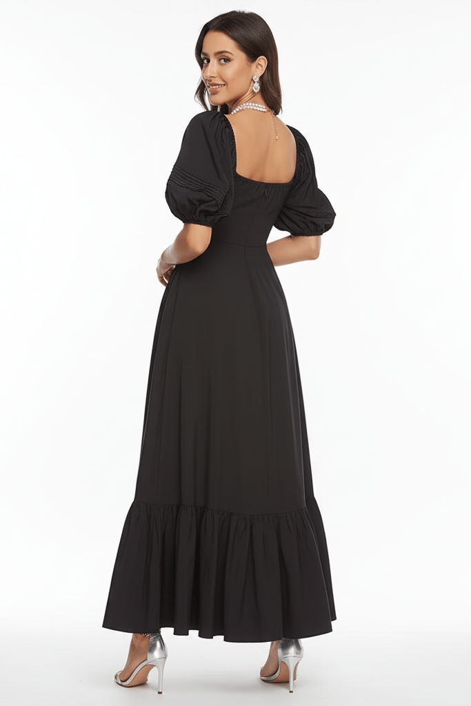 Puff Sleeve A - Line Maxi Casual Dress by Shine | Maxi Casual Dress from Luxe Lane | SKU: -1 | Barcode:  | Options: Black S(2) | Puff Sleeve A - Line Maxi Casual Dress