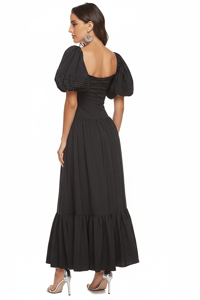 Puff Sleeve A - Line Maxi Casual Dress by Shine | Maxi Casual Dress from Luxe Lane | SKU: -1 | Barcode:  | Options: Black S(2) | Puff Sleeve A - Line Maxi Casual Dress